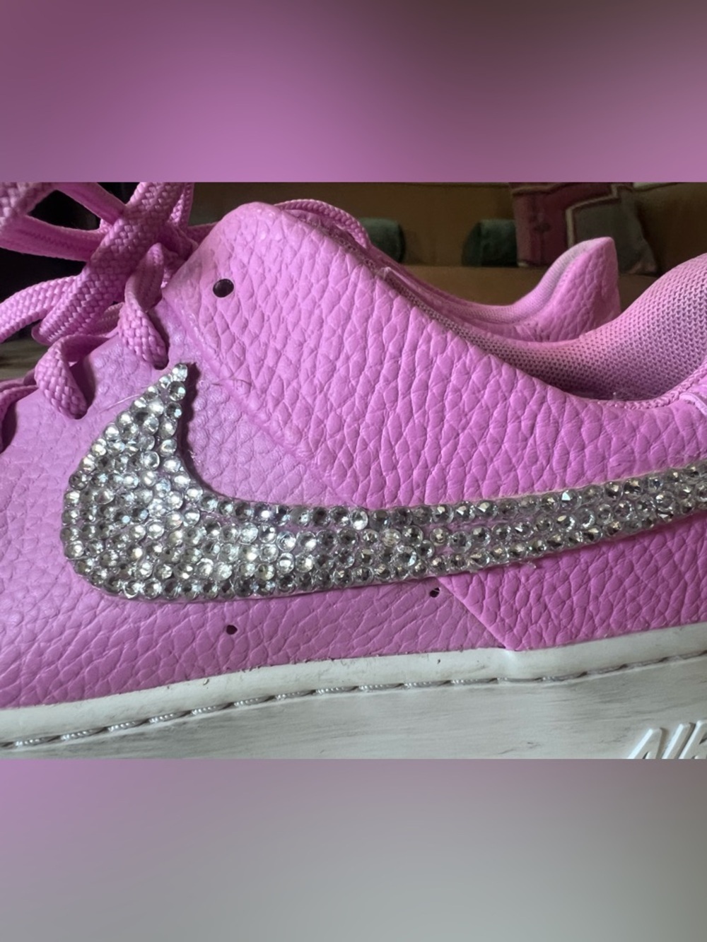 Custom Crystal Swoosh Nike Pink Leather Air Force 1 - Picture 7 of 8